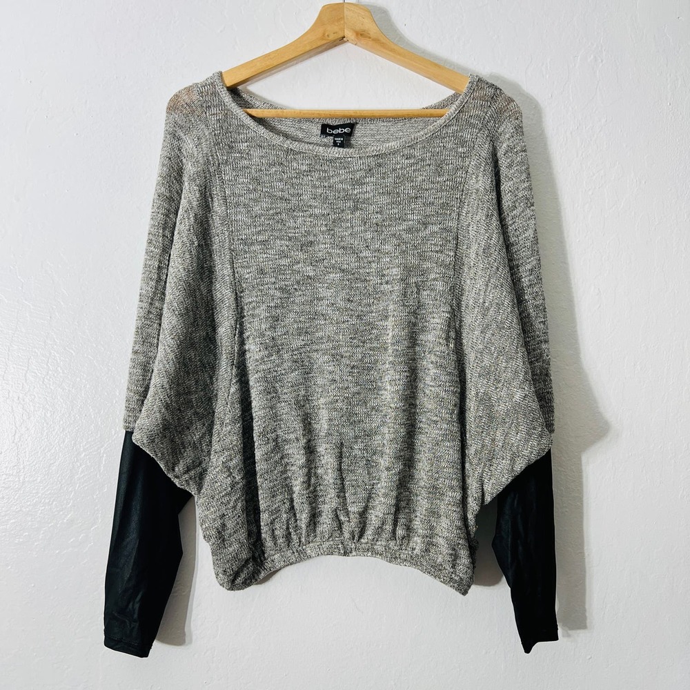 Bebe SMALL USA Wool Blend Gray Knit Top Sweatshirt Batwing Dolman Long Sleeve